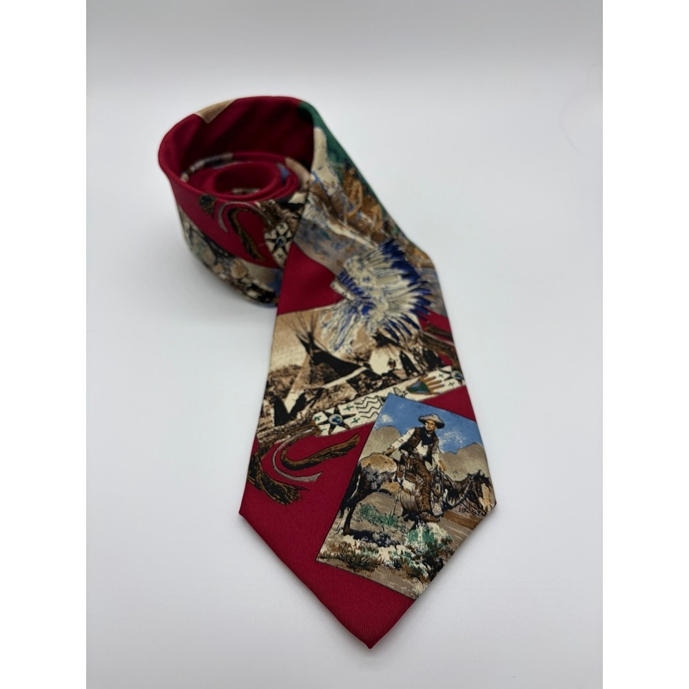 Kenneth Gordon New Orleans, 100% Silk Red Necktie, Patterned Landscape Western